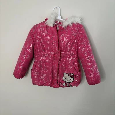 Sanrio Hello Kitty девочек пуховик зимнее пальто ярко розовый серебро 6 X теплый с капюшоном - Изображение 1 из 4