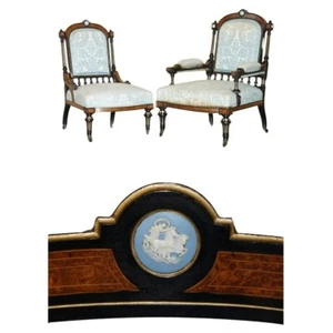 PAIR OF BURR WALNUT AESTHETIC MOVEMENT LIBRARY ARMCHAIRS WITH GRAND TOUR PLAQUES - Picture 1 of 24