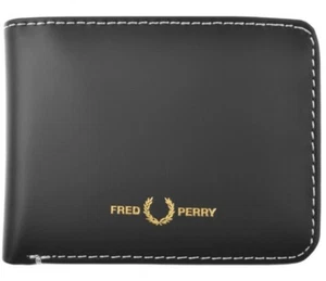 FRED PERRY CONTRAST MATT LEATHER BILLFOLD WALLET L3300 BLACK NEW WITH TAGS & BOX - Picture 1 of 4