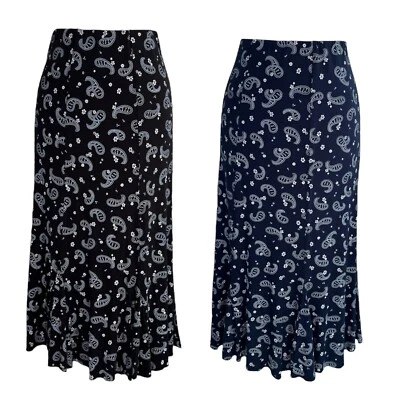 New Ladies Paisley Print Midi Calf Length Godet Skirt Flared Panel Stretchy UK - Image 1 of 4