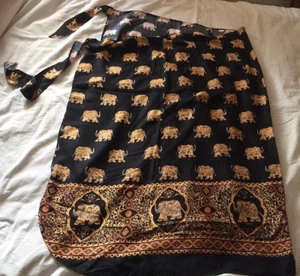 vintage Indian gold on black Rayon 'elephants' tie/wrap maxi skirt 34-38"W - Picture 1 of 7