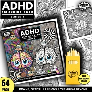 ADHD Colouring Book for Adults - 64 Page - Brains, Space & Optical Illusions - Picture 1 of 7