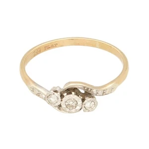 Antique 9Carat Yellow Gold & Platinum 0.10ct Diamond Three-Stone Ring (Size S) - Picture 1 of 3