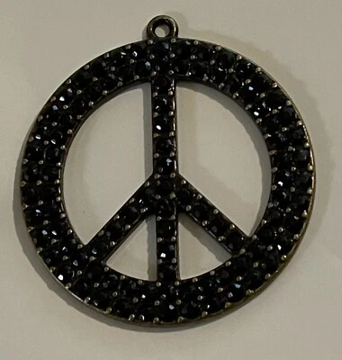 Pendant Peace Symbol Sign Black Rhinestones 2” Bronze Metal Whimsigoth Gothic - Imagem 1 de 4