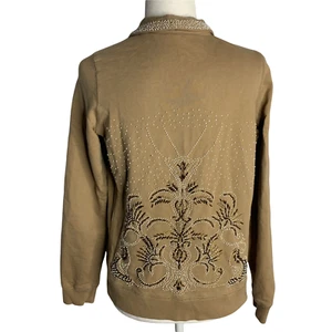 Vintage Y2K Twisted Heart Beaded Full Zip Sweatshirt Womens M Beige - Picture 1 of 8