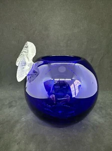 Astral Cobalt Blue full lead crystal small vase or votive w/Frosted leaves - Picture 1 of 10
