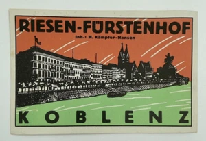 Originale rara etichetta/adesivo bagaglio Riesen-Furstenhof Coblenza Kampfer Hansen - Foto 1 di 2