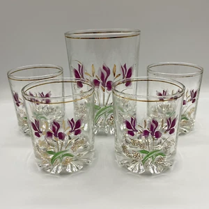 Vintage Cerve Devalbor Italian Pink Iris Floral Ice Bucket & 4 Rock Glasses Set - Imagen 1 de 4