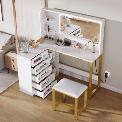 Conjunto de penteadeira em forma de L com espelho LED e 5 gavetas de vidro temperado para quarto - Imagem 1 de 4