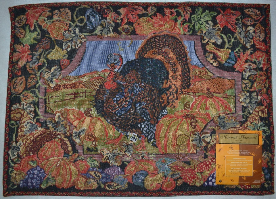 挂毯 Placemat ~ 感恩节土耳其 ~ 落收南瓜 ~ 秋叶 ~ 全新 — 第 1/1 张图片