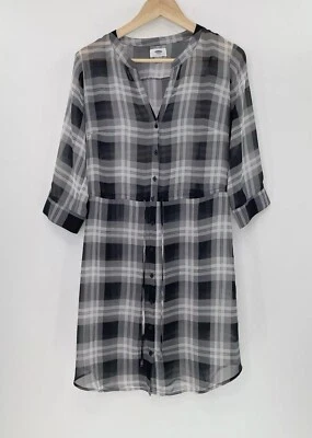 Old Navy Plaid Sheer Tie Waist Button Front Tunic Dress Size M  Preppy Academia - Image 1 of 4