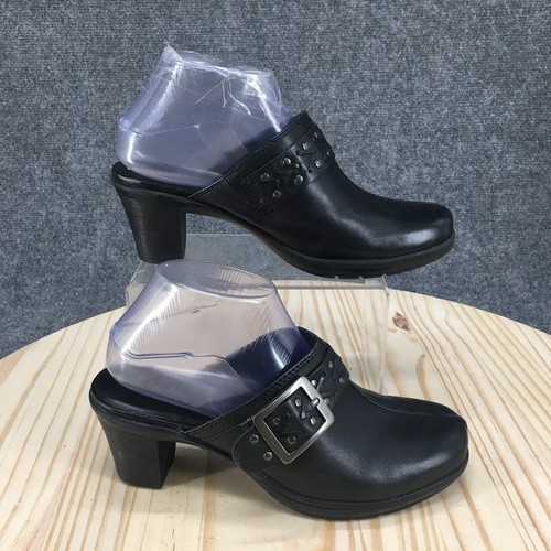 Sandali Clarks pieghevoli donna 8M casual slip on tacco a blocco mulo pelle nera