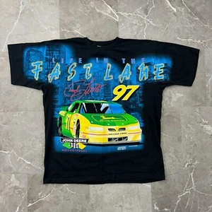 VINTAGE JOHN DEERE RACING GRAPHIC TEE MENS LARGE ALL OVER PRINT CHAD LITTLE AOP - Picture 1 of 11