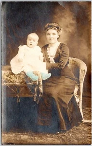 Woman with Baby Colored Socks Seated Lady Real Photo Postcard Unposted RPPC VTG - Picture 1 of 3