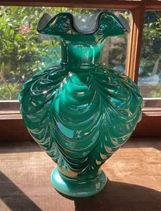 FentonGlass Iridescent Emerald Green Overlay Cased Drapery Vase Ruffles Carnival - Picture 1 of 7