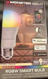 Monster A19 RGBW Multicolor Smart Bulb Voice Control 800 Lumens Brand New In Box - Picture 1 of 8