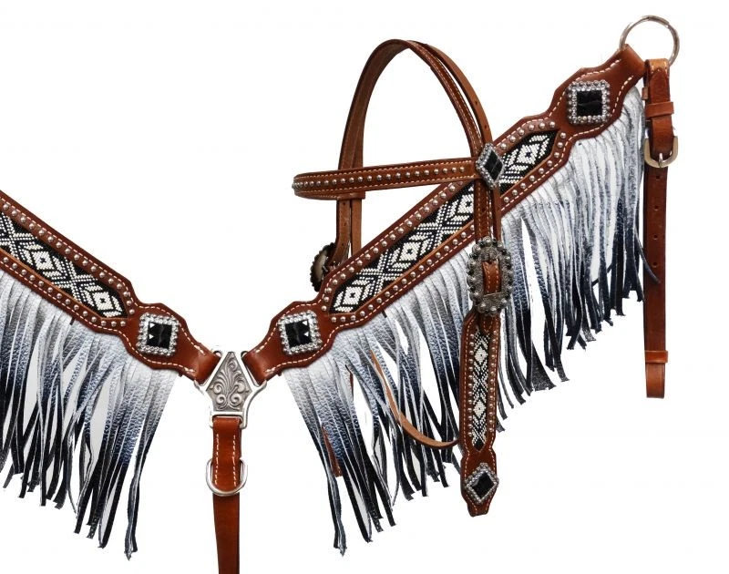 Showman Black & Silver Ombre Fringe Headstall & Breast Collar Western Horse Tack - Image 1 of 1