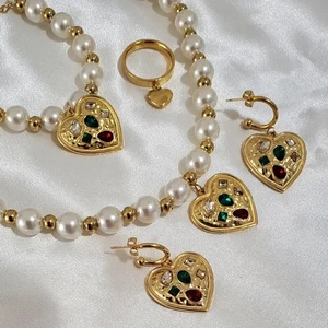 18 Karat vergoldet Kristall Perlen Halskette Armband Ohrringe Ring Schmuck Set - Bild 1 von 24