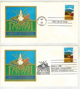 1991 VERMONT BICENTENNIAL VT BICENT COMMISSION 1ST CACHET SET OF 2 DIFF CANCELS - Picture 1 of 1