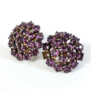 Vintage Amethyst Purple Rhinestone(?) Clip Earrings Set in Sterling Silver - Picture 1 of 9