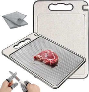 Stainless Steel Chopping Board - Double Sided Wheat Straw and Titanium Cutting B - Picture 1 of 12