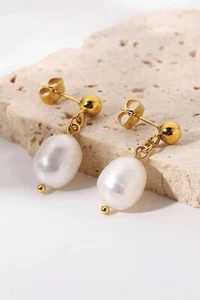 Simple Dainty Gold Real Freshwater Pearl Earrings, Large Drop Baroque Pearl Stud - Picture 1 of 4
