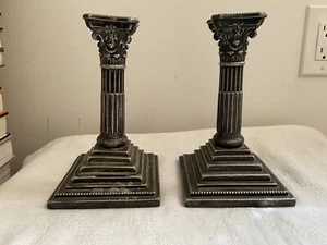 Antique REED & BARTON Silverplate 8.5” Weighted Greek Column Steps Candlesticks - Picture 1 of 11