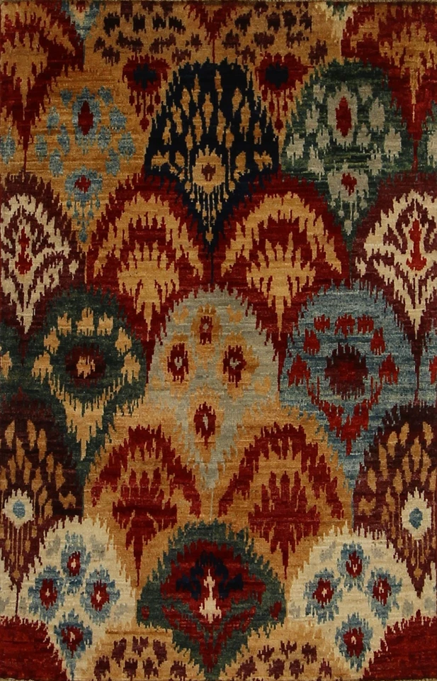 3 x 4 ft Red Multicolor Ikat Afghan Hand Knotted Area Rug - Image 1 of 4