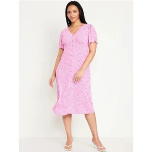 Old Navy Womens Waist Defined Short Sleeve Pink Ditsy Floral Dress Size Large - Picture 1 of 9