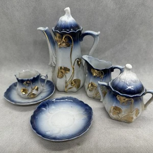 Antique Victorian Children’s Toy Dishes, Chocolate Pot Set, Cobalt, Flow Blue - Picture 1 of 7