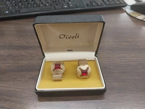 Swank Tivoli Red Rhinestone Cabochon Gold Plated Mesh Wrap Around Cuff Links - Picture 1 of 5