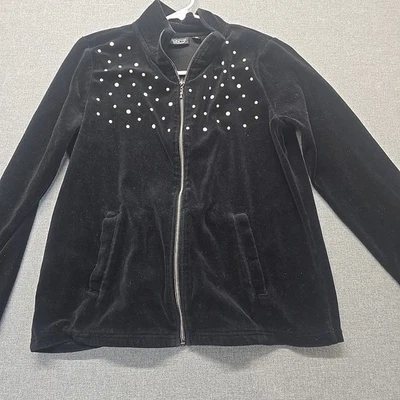 Onque Casual Sweatshirt Womens Size Medium Black Velour Pearlescent Accents  - Image 1 of 4