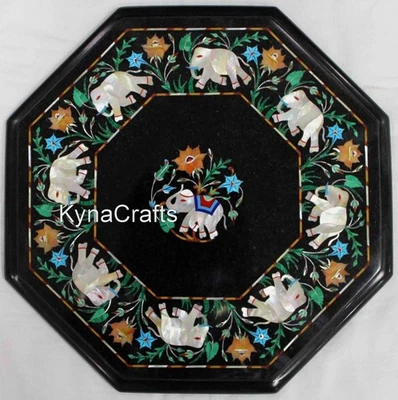 Black Marble Table Top with Elepohant Art Inlay Work Coffee Table for Lawn Decor - Image 1 of 4