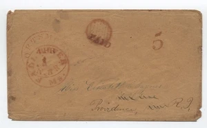 c1850 stampless cover forwarded Fall River MA with olbiterated paid [6986.753] - Picture 1 of 3