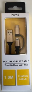2-in-1 USB Charging Cable, Type-C and Micro USB, 1M Length, Black - Picture 1 of 4