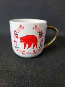 Threshold Beary Christmas Wht & Red Floral Ceramic Holiday Mug 14 oz Gold Handle - Picture 1 of 4