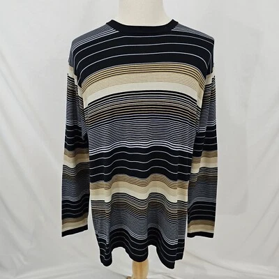 Barneys NY Men's Silk Striped Sweater Black Brown Gray Stretch Crewneck Large - Image 1 of 4