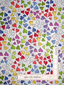 Loralie Cat Happy Multi Color Hearts Sky Blue Cotton Fabric Loralie By Yard - Picture 1 of 1
