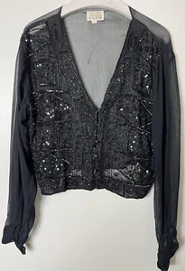 Top Charlotte Halton Vintage Negro Adornado Malla Cuentas Talla UK 10 - Imagen 1 de 7