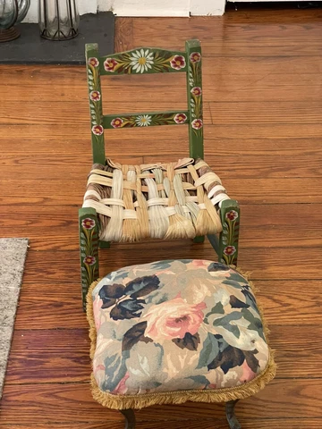Vintage Child’s Chair & Stool Set Hand Painted Floral Pink Blue Flowers Yellow Cover