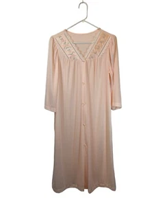 VTG Shadowline Peignoir Robe/Coat Sz S Peach Embroidery Lace Trim Midi Nylon USA - Picture 1 of 7
