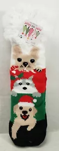 Fuzzy Babba Holiday Dogs Plush Sherpa Lined Slipper Socks Women's Shoe Size 4-10 - Picture 1 of 7