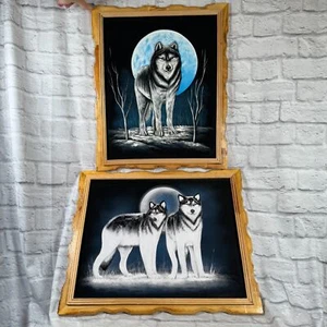 Lot Of 2 Vtg Black Velvet Wolf Paintings Framed Wolves Forrest Full Moon 22x18 - Picture 1 of 9