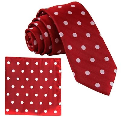 New Men's Poly Woven 2.5" Skinny Slim Necktie & Hankie Polka Dots White / Red - Image 1 of 3