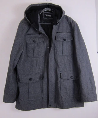 Guess Men’s XXL Gray Wool Blend Hooded Utility Parka Jacket Quilted Lined - Image 1 of 4