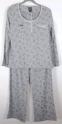 NWT LAURA ASHLEY Womens Pajama Lounge Set L Gray Pink Paisley Lace Trim Pocket  - Image 1 of 4