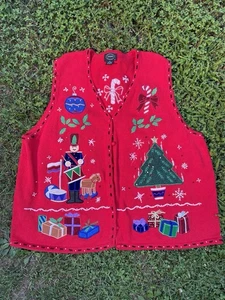 Gilet pull vintage Noël grande taille 3X brodé perles rouge professeur fun - Photo 1/10