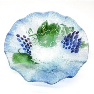 Beautiful Fluted Fused Recycled Art Glass Bowl Blue Grapes Textured Back Bubbles - Picture 1 of 12