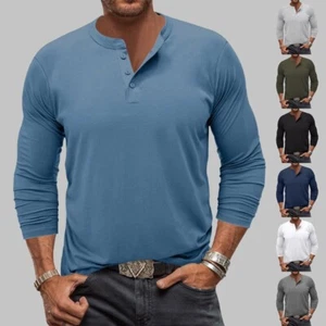 Mens Long Sleeve Grandad T shirt Pullover V-Neck Shirt Henley Tops Blouses Tee - Picture 1 of 32