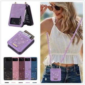 Case For Samsung Galaxy Z Flip 5 4 Bling Leather Wallet Cards Strap Phone Cover - Picture 1 of 22